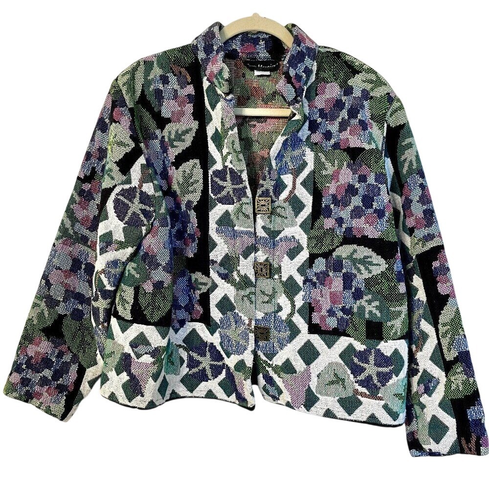 Vintage 90s Floral Tapestry‎ Blanket Jacket Artsy Boho Cottagecore Teacher Coat